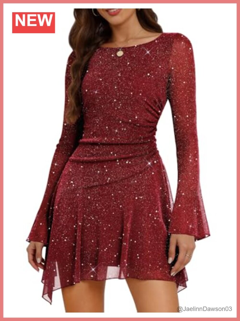 Sequin Bell Sleeve Ruched Mini Dress Homecoming Cocktail Party Night Out